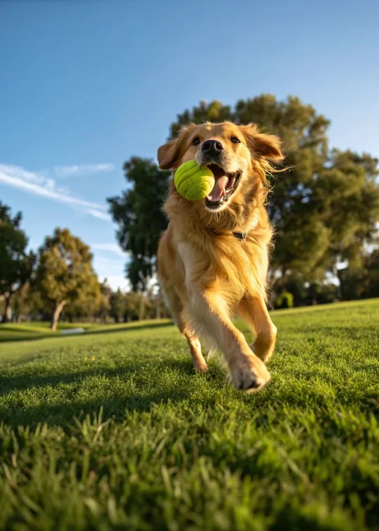 A golden retriever bounding across the grass